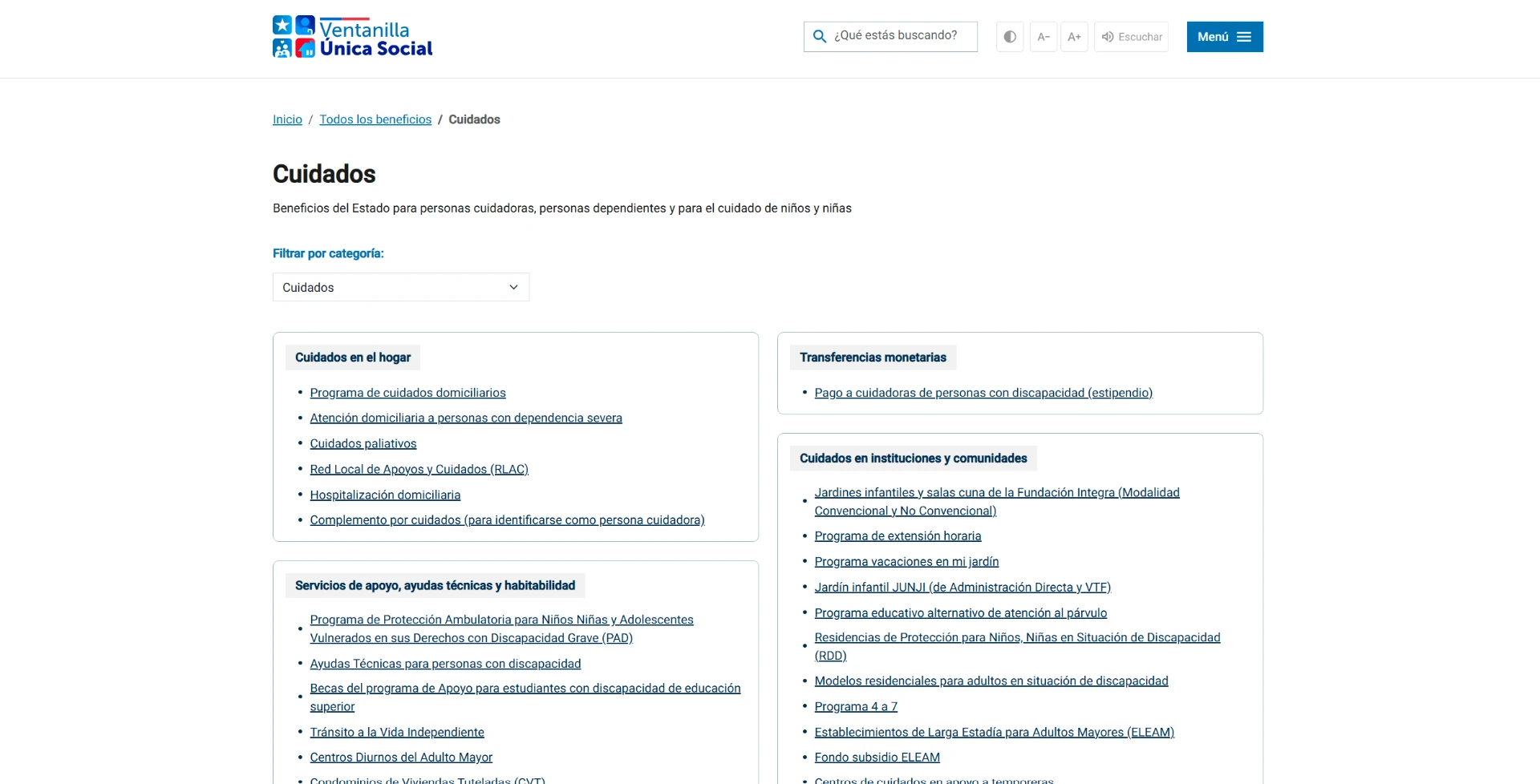 VUS · Catálogo de beneficios en categoría Cuidados