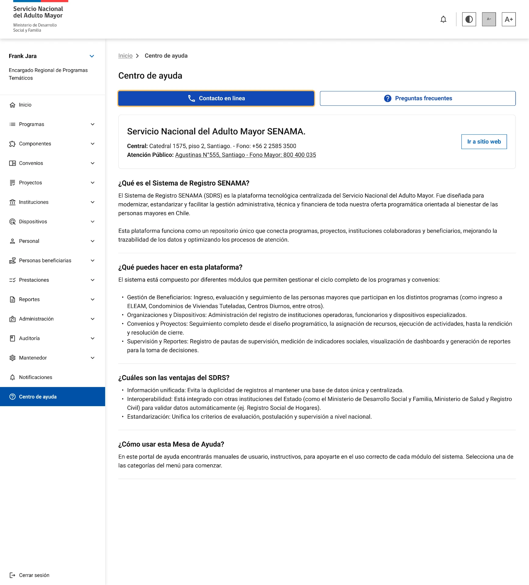 SENAMA · Centro de ayuda y registro de dispositivos