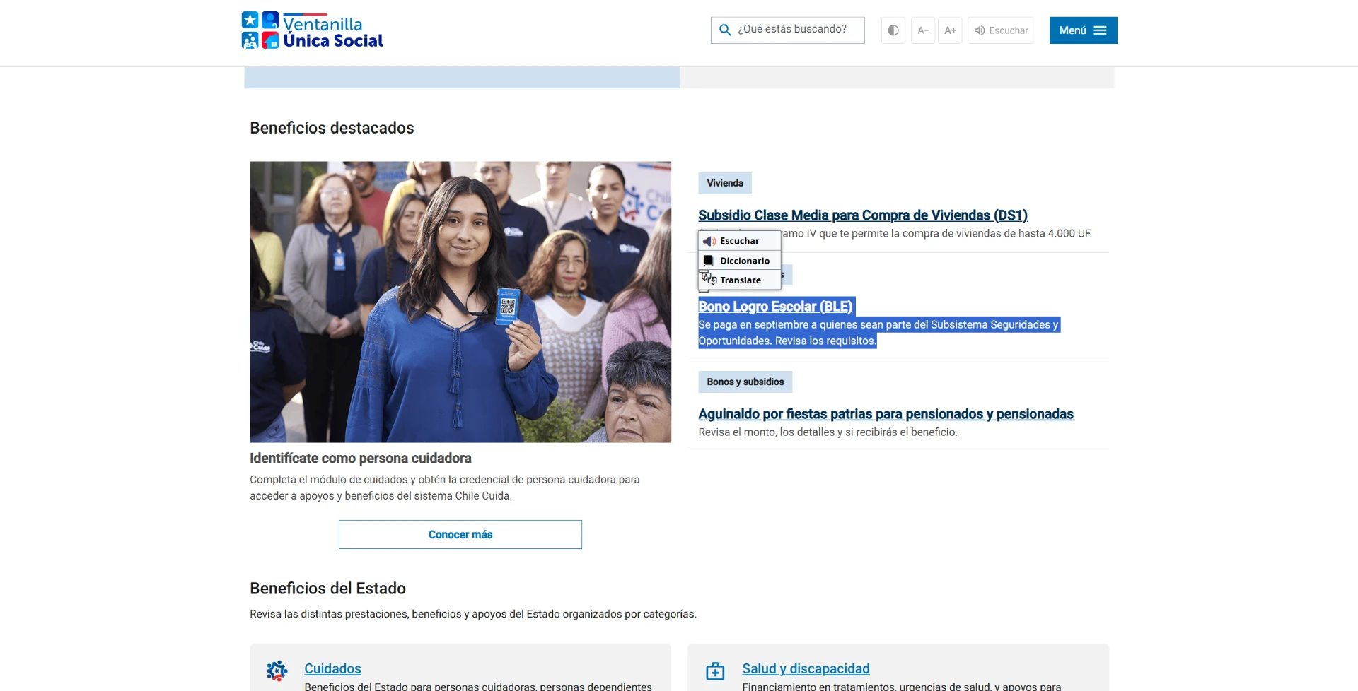 VUS · Beneficios destacados y persona cuidadora