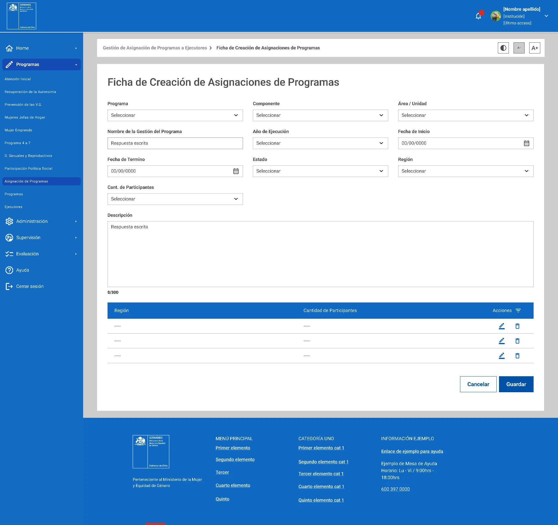 SGP · Ficha de Creación de Asignaciones de Programas